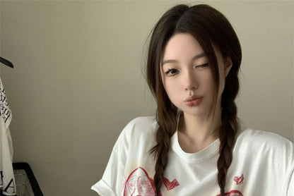 Elbow-Sleeve Round Neck Bow Print Oversized T-Shirt