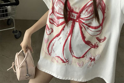 Elbow-Sleeve Round Neck Bow Print Oversized T-Shirt