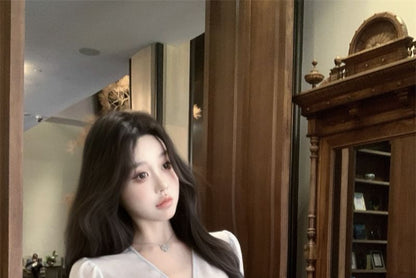 Set: Long Sleeve V-Neck Plain Bow Peplum Blouse + Camisole Top