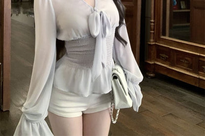 Set: Long Sleeve V-Neck Plain Bow Peplum Blouse + Camisole Top