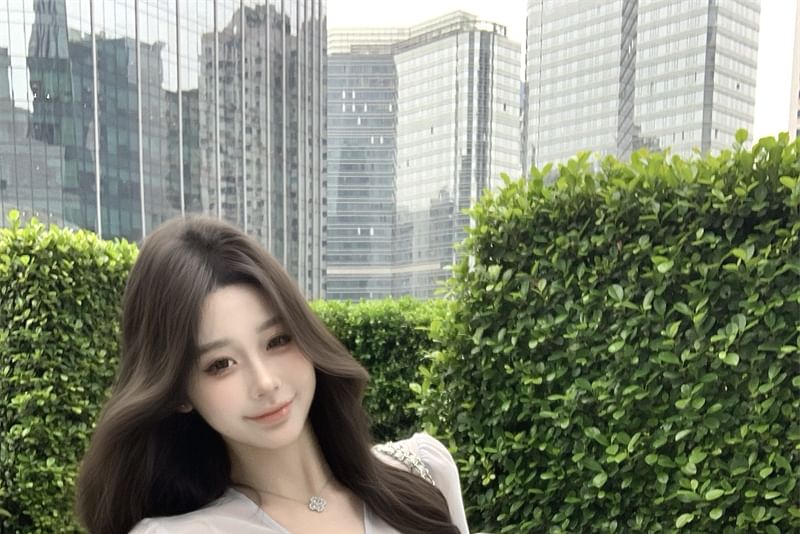 Set: Long Sleeve V-Neck Plain Bow Peplum Blouse + Camisole Top