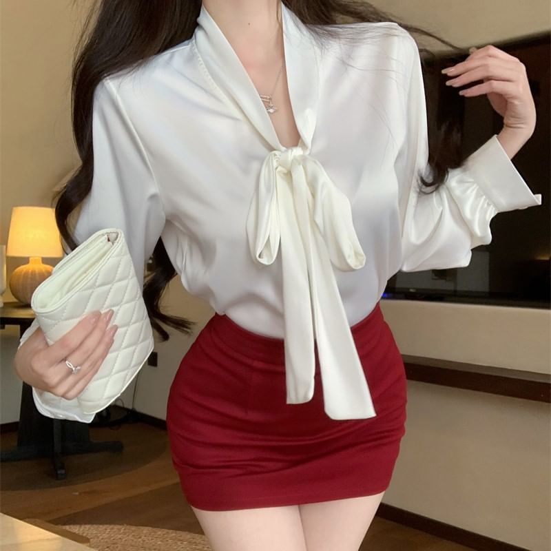 Long Sleeve Tie Neck Plain Satin Blouse / High Rise Plain Mini Pencil Skirt