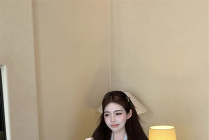 Long Sleeve Tie Neck Plain Satin Blouse / High Rise Plain Mini Pencil Skirt