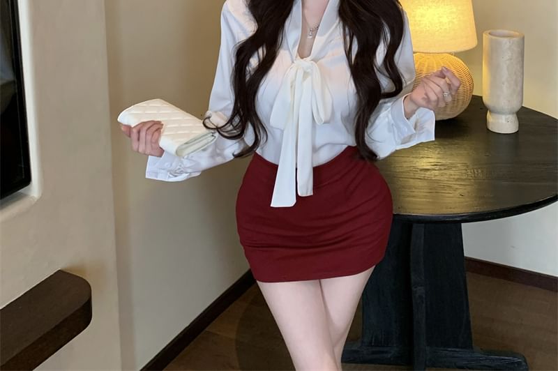 Long Sleeve Tie Neck Plain Satin Blouse / High Rise Plain Mini Pencil Skirt