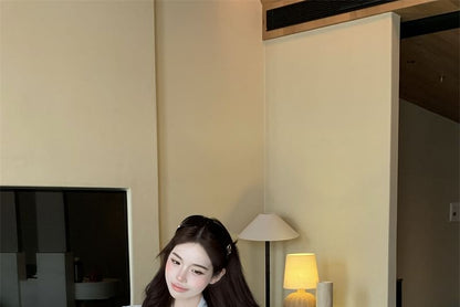 Long Sleeve Tie Neck Plain Satin Blouse / High Rise Plain Mini Pencil Skirt