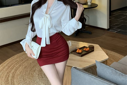 Long Sleeve Tie Neck Plain Satin Blouse / High Rise Plain Mini Pencil Skirt