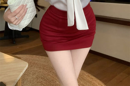 Long Sleeve Tie Neck Plain Satin Blouse / High Rise Plain Mini Pencil Skirt