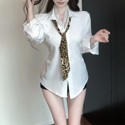 Long Sleeve Collared Plain Panel Lace Shirt