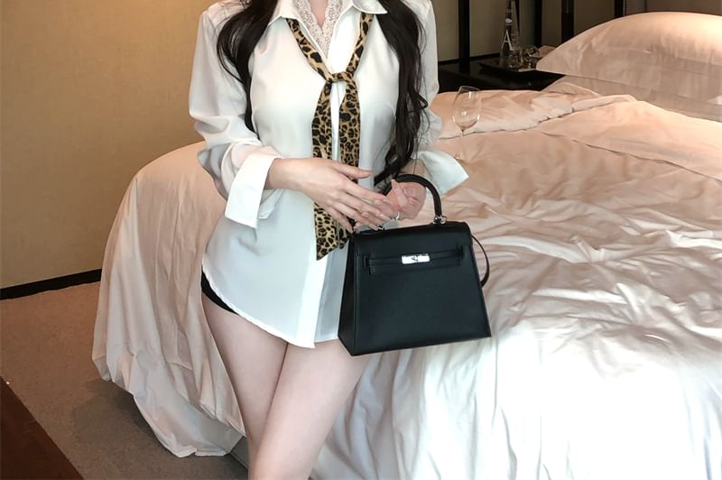 Long Sleeve Collared Plain Panel Lace Shirt