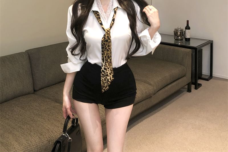 Long Sleeve Collared Plain Panel Lace Shirt