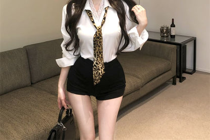 Long Sleeve Collared Plain Panel Lace Shirt