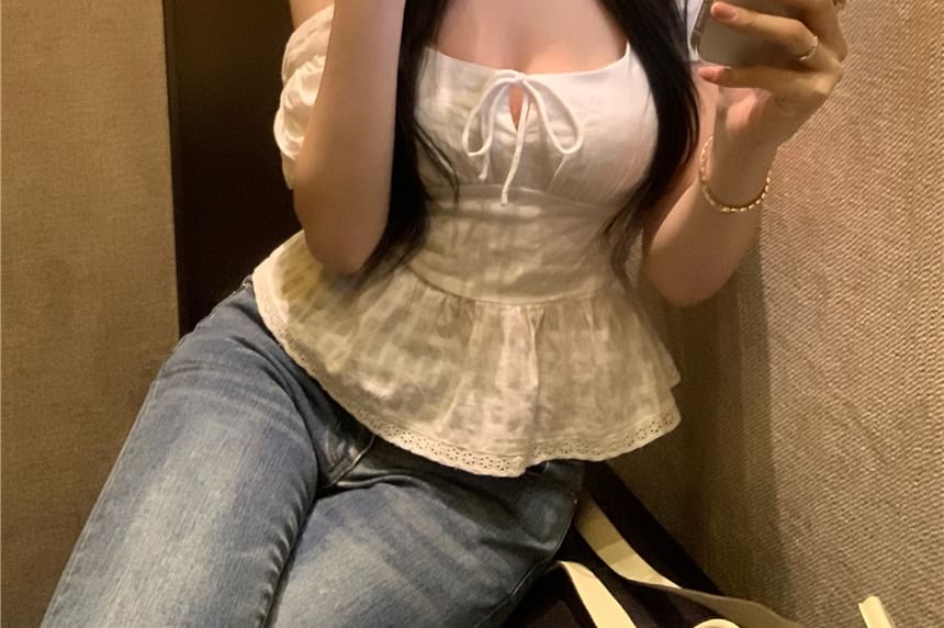 Short Sleeve Square Neck Plain Peplum Tie Front Blouse