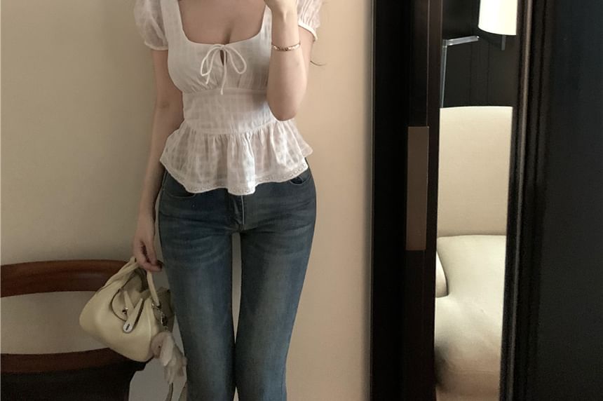 Short Sleeve Square Neck Plain Peplum Tie Front Blouse