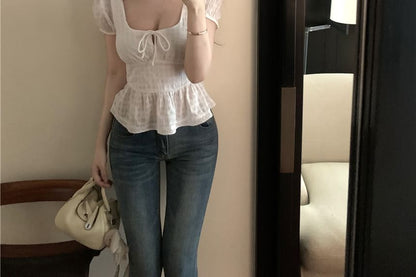 Short Sleeve Square Neck Plain Peplum Tie Front Blouse