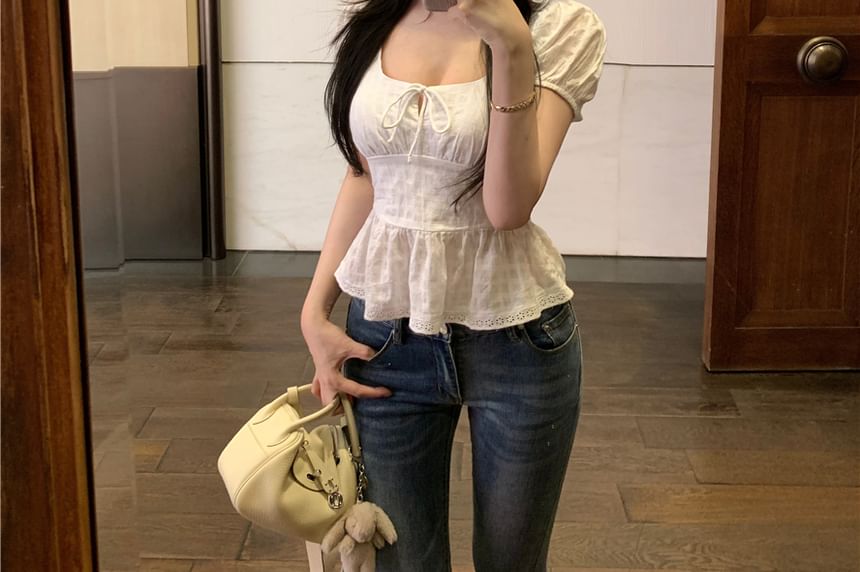 Short Sleeve Square Neck Plain Peplum Tie Front Blouse