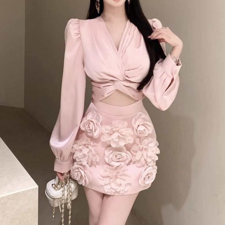 Long Sleeve V-Neck Plain Ruched Crop Blouse / High Rise Floral Applique Mini Pencil Skirt