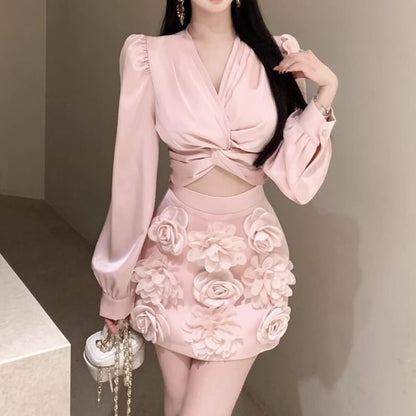 Long Sleeve V-Neck Plain Ruched Crop Blouse / High Rise Floral Applique Mini Pencil Skirt
