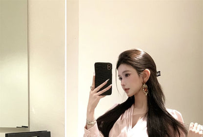 Long Sleeve V-Neck Plain Ruched Crop Blouse / High Rise Floral Applique Mini Pencil Skirt