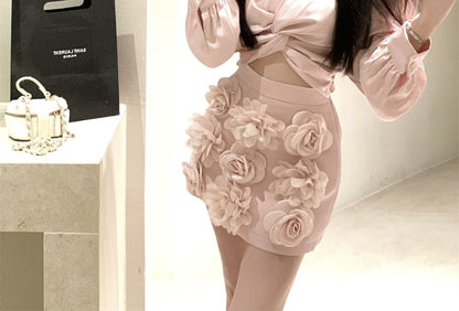 Long Sleeve V-Neck Plain Ruched Crop Blouse / High Rise Floral Applique Mini Pencil Skirt