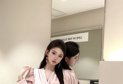 Long Sleeve V-Neck Plain Ruched Crop Blouse / High Rise Floral Applique Mini Pencil Skirt