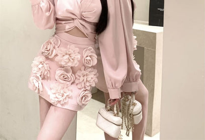 Long Sleeve V-Neck Plain Ruched Crop Blouse / High Rise Floral Applique Mini Pencil Skirt