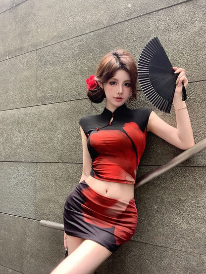 Cap Sleeve Mandarin Collar Floral Print Crop Top / Mid Waist Mini Pencil Skirt