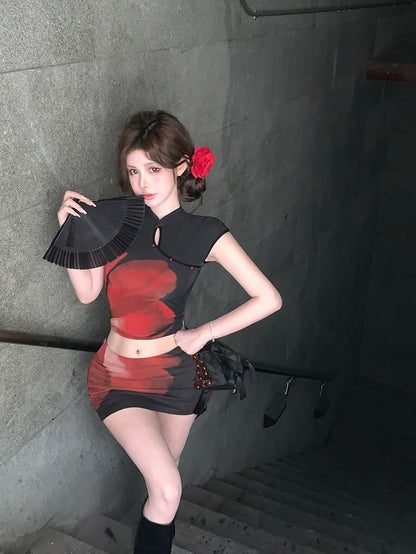 Cap Sleeve Mandarin Collar Floral Print Crop Top / Mid Waist Mini Pencil Skirt