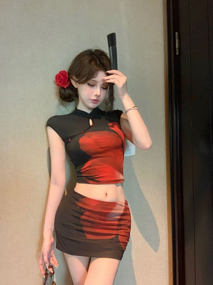 Cap Sleeve Mandarin Collar Floral Print Crop Top / Mid Waist Mini Pencil Skirt