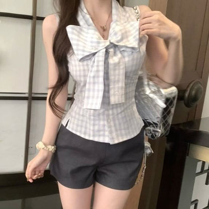 Sleeveless Ribbon Neck Dotted Top