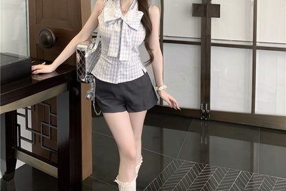 Sleeveless Ribbon Neck Dotted Top