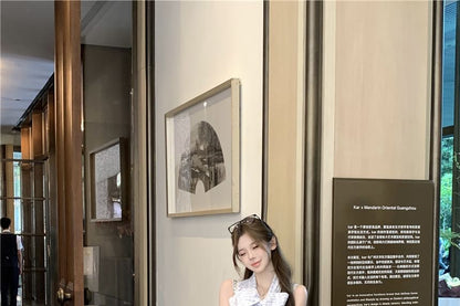 Sleeveless Ribbon Neck Dotted Top