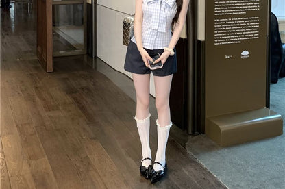 Sleeveless Ribbon Neck Dotted Top