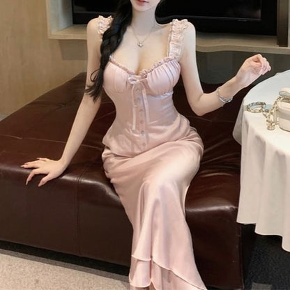 Sleeveless Frill Trim Plain Top / High Waist Maxi Fishtail Skirt