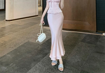 Sleeveless Frill Trim Plain Top / High Waist Maxi Fishtail Skirt