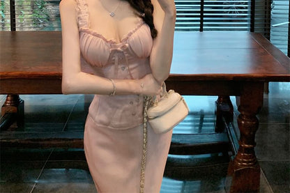 Sleeveless Frill Trim Plain Top / High Waist Maxi Fishtail Skirt