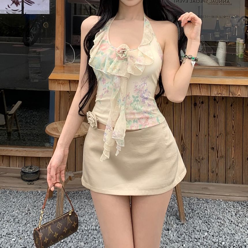 Halter Neck Print Crop Top / Mini Skirt