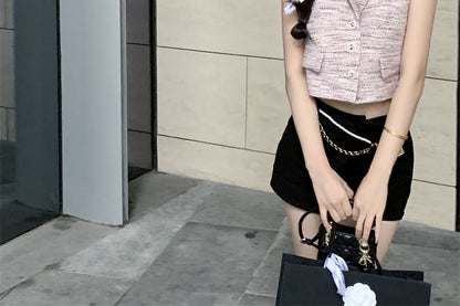 Sleeveless Lapel Collared Crop Vest