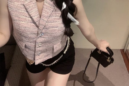 Sleeveless Lapel Collared Crop Vest