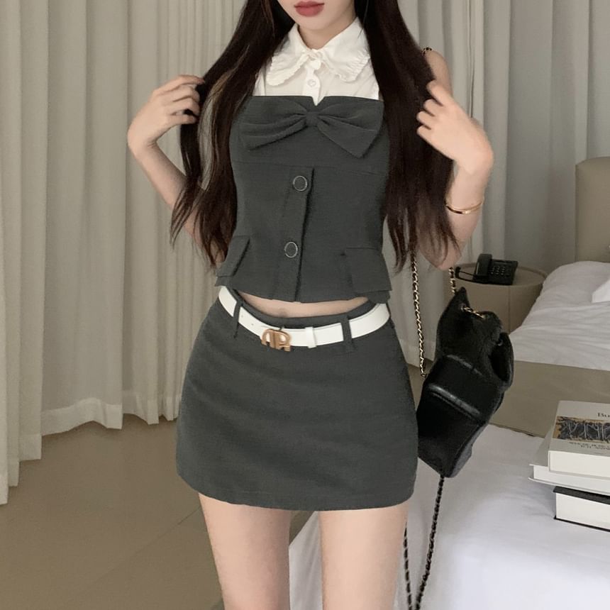 Button-Up Plain Crop Camisole Top / Mini Pencil Skirt / Sleeveless Shirt