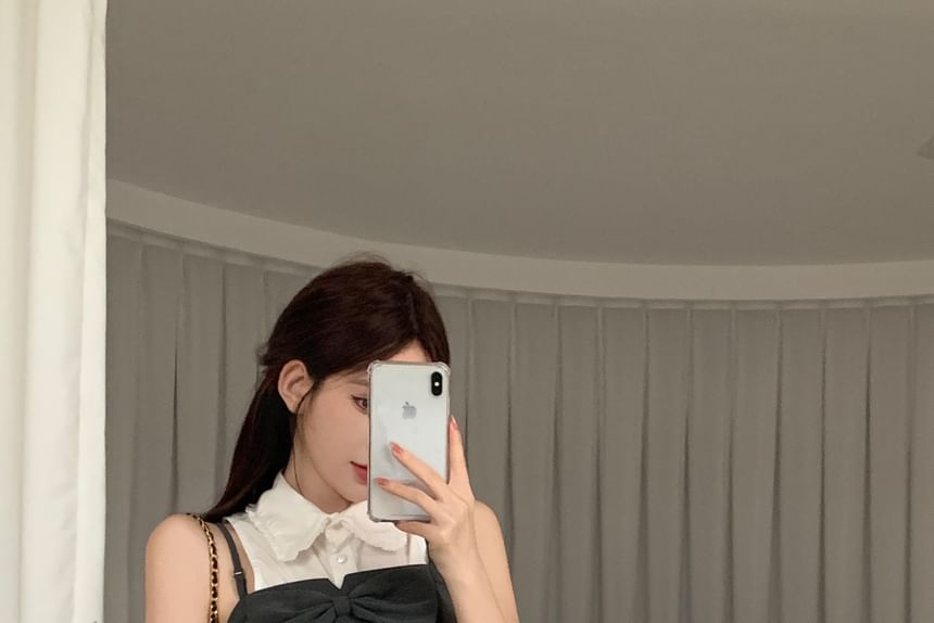 Button-Up Plain Crop Camisole Top / Mini Pencil Skirt / Sleeveless Shirt