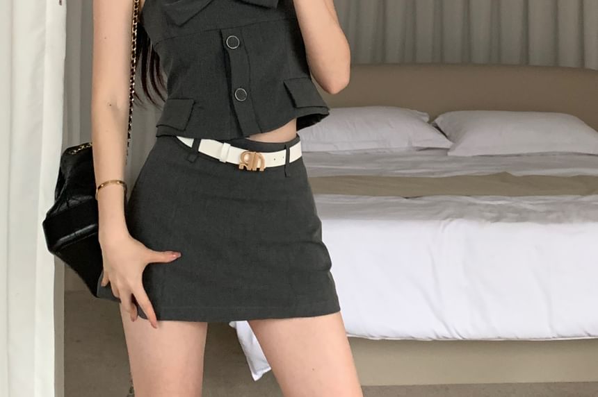 Button-Up Plain Crop Camisole Top / Mini Pencil Skirt / Sleeveless Shirt