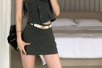 Button-Up Plain Crop Camisole Top / Mini Pencil Skirt / Sleeveless Shirt