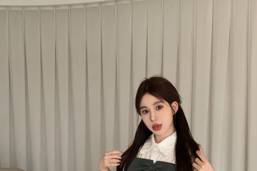 Button-Up Plain Crop Camisole Top / Mini Pencil Skirt / Sleeveless Shirt