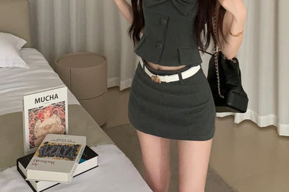 Button-Up Plain Crop Camisole Top / Mini Pencil Skirt / Sleeveless Shirt