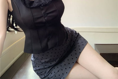 Sleeveless Square Neck Frill Trim Plain Top / Dotted Mini Skirt