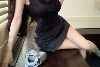 Sleeveless Square Neck Frill Trim Plain Top / Dotted Mini Skirt