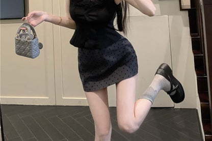 Sleeveless Square Neck Frill Trim Plain Top / Dotted Mini Skirt