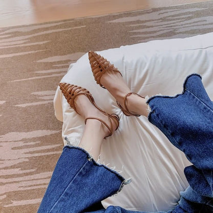 Pointy Round Heel Woven Sandals
