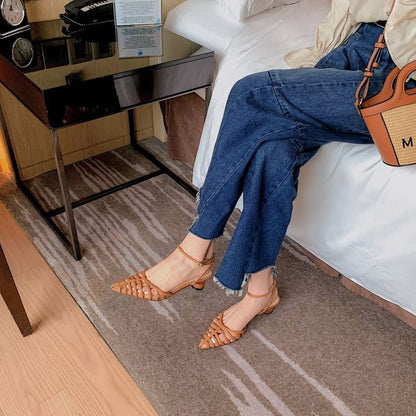 Pointy Round Heel Woven Sandals