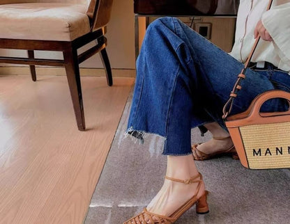 Pointy Round Heel Woven Sandals